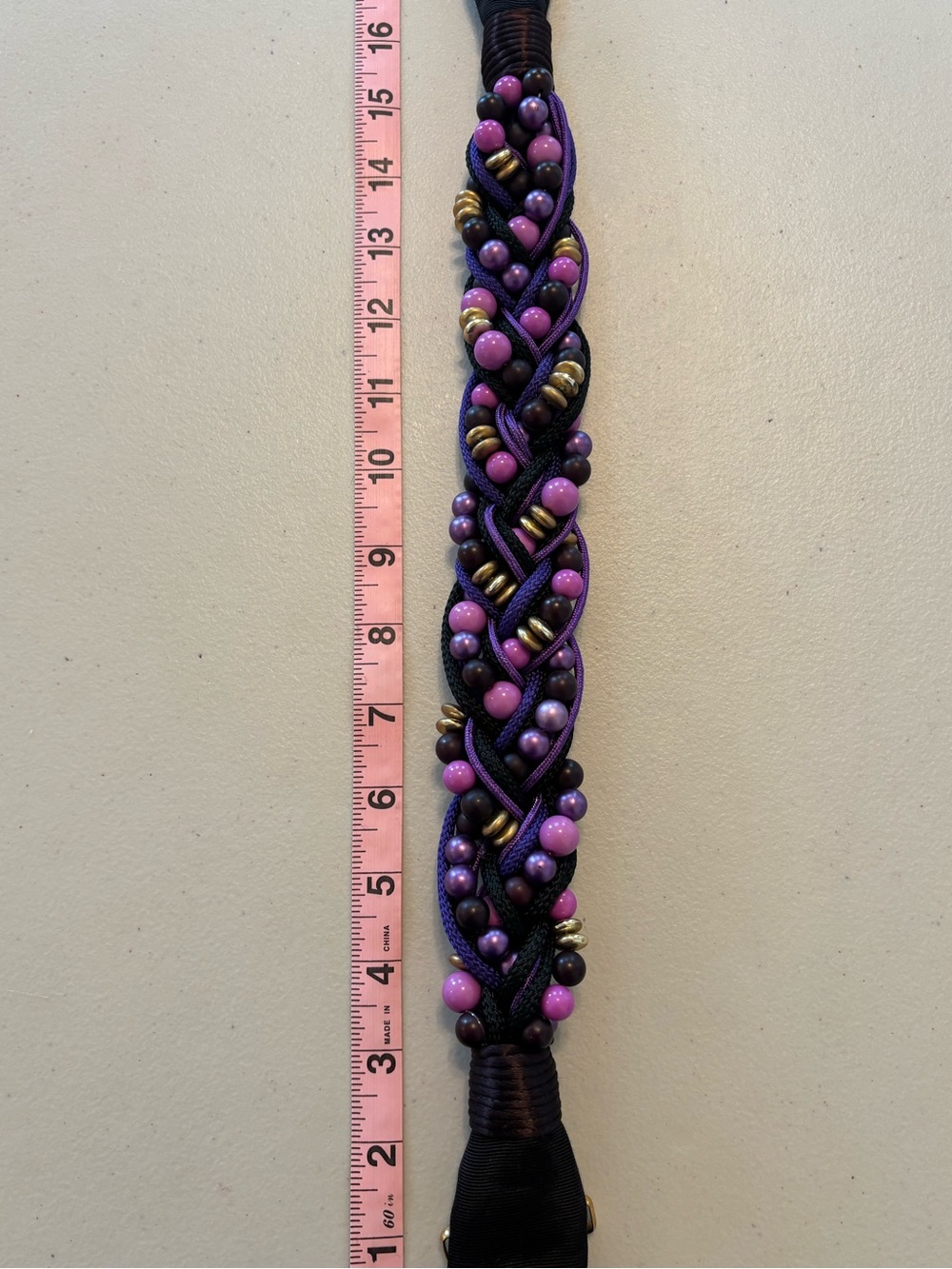 Vintage Carolyn Tanner Braided Purple and Black Waist Belt with Bead Accents